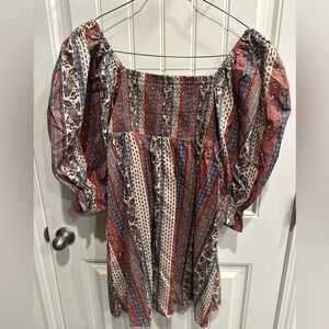 Boho Peasant Puff-Sleeve Women’s Top - Rusted red & Blue
